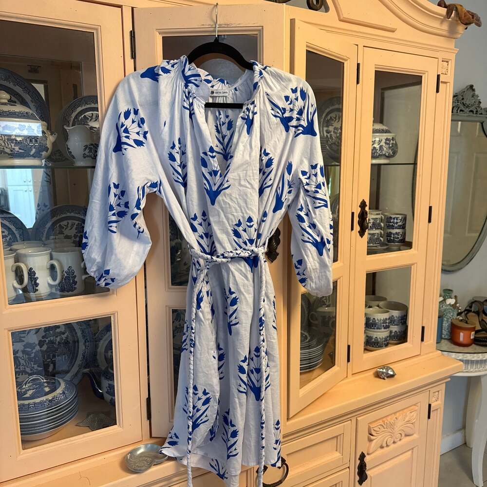 Caryn Lawn Blue Floral Caftan Dress with Braided Tie Belt